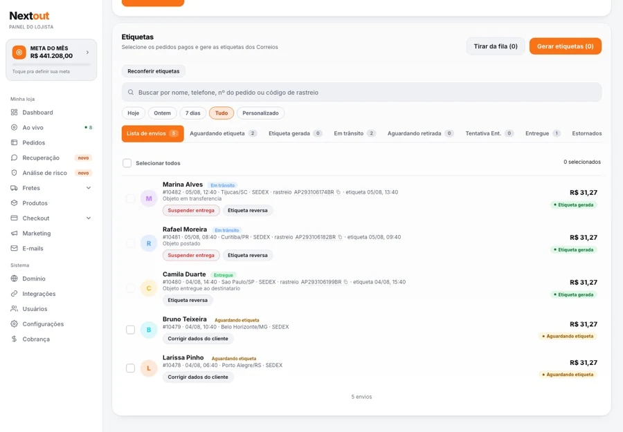 Aba Envios do painel da Nextout, com a lista de etiquetas e o status de cada entrega