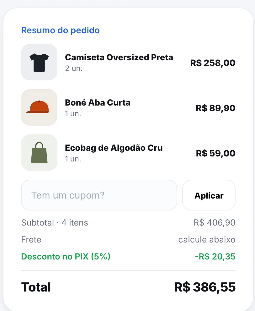 Resumo do pedido no checkout da Nextout, com três produtos, cupom, frete e desconto no PIX